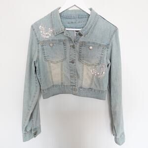 Vintage Y2K Butterfly Sequin Beaded Embroidered Light Wash Denim Jean Jacket